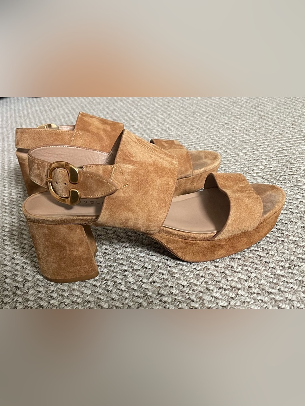 Aerosole’s “Camera” Women's Suede Tan Block Heel Slide Sandals, Size 8